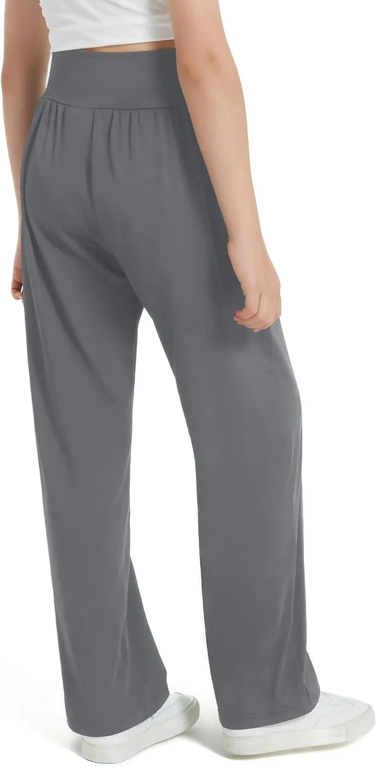 EXARUS 3 Pack Girls Lightweight Baggy Pants Straight/Tapered Wide Leg Pants Elastic Waist Flowy Pants with Pockets 6-14Y