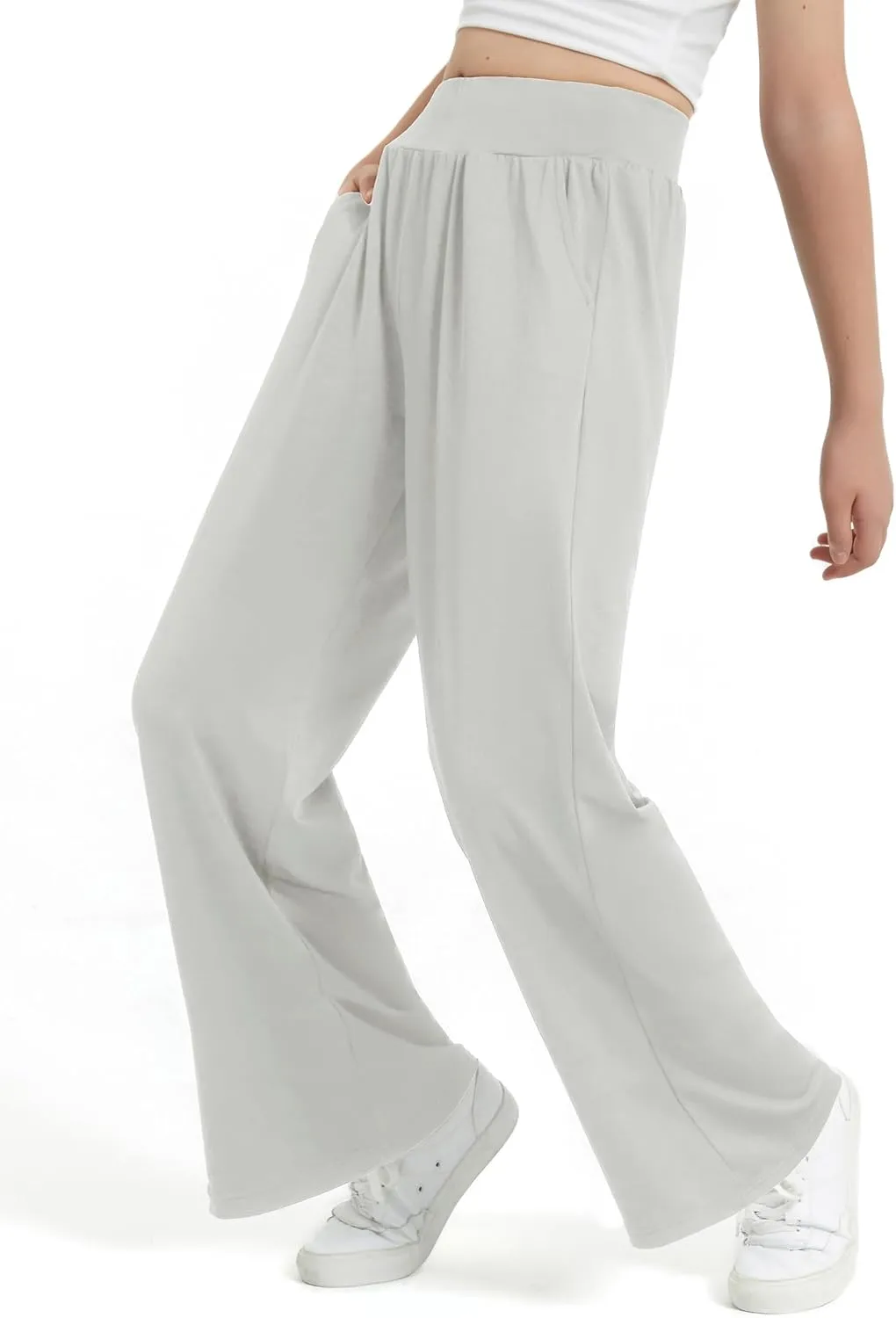 EXARUS 3 Pack Girls Lightweight Baggy Pants Straight/Tapered Wide Leg Pants Elastic Waist Flowy Pants with Pockets 6-14Y