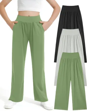 EXARUS 3 Pack Girls Lightweight Baggy Pants Straight/Tapered Wide Leg Pants Elastic Waist Flowy Pants with Pockets 6-14Y