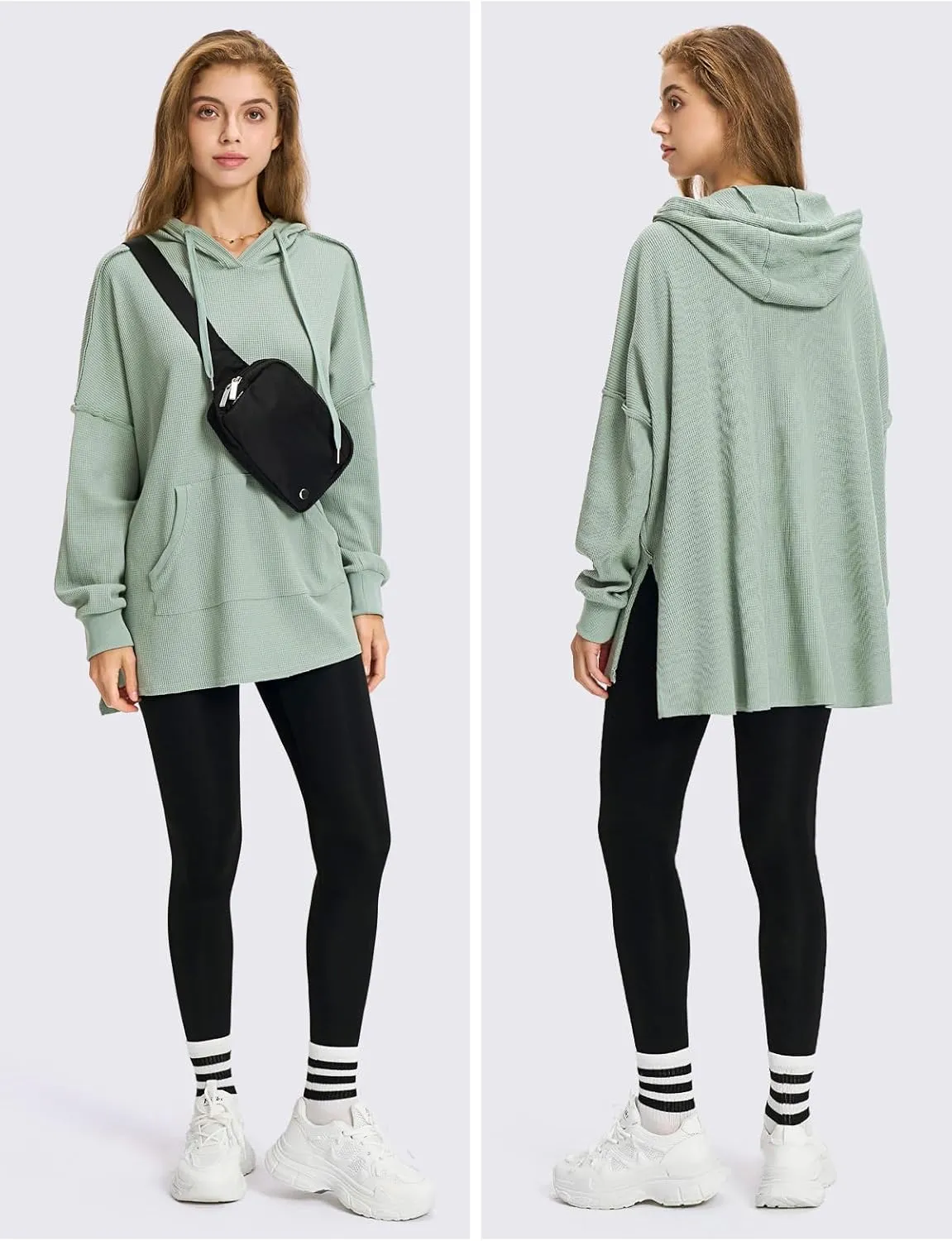 EXLURA Womens Oversized Waffle Hoodies Drawstring Lightweight Plus Size Pullover Sweatshirt with Pocket 2024 Trendy Outfits