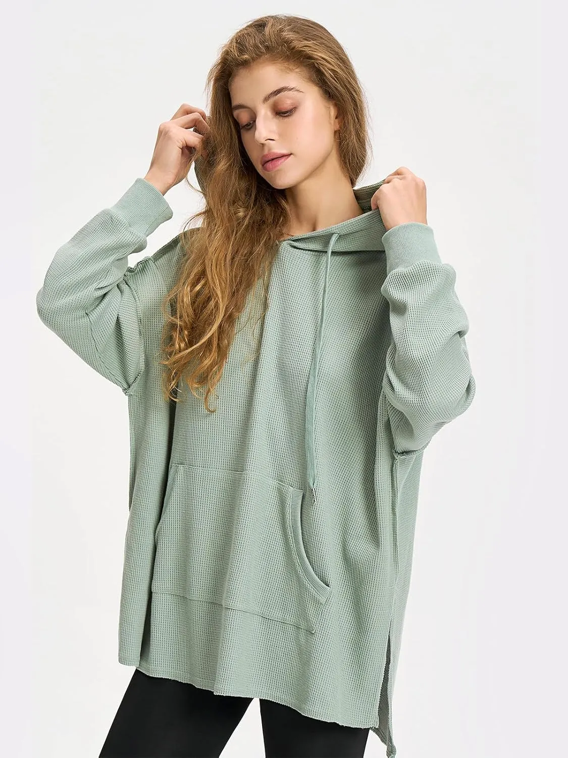 EXLURA Womens Oversized Waffle Hoodies Drawstring Lightweight Plus Size Pullover Sweatshirt with Pocket 2024 Trendy Outfits