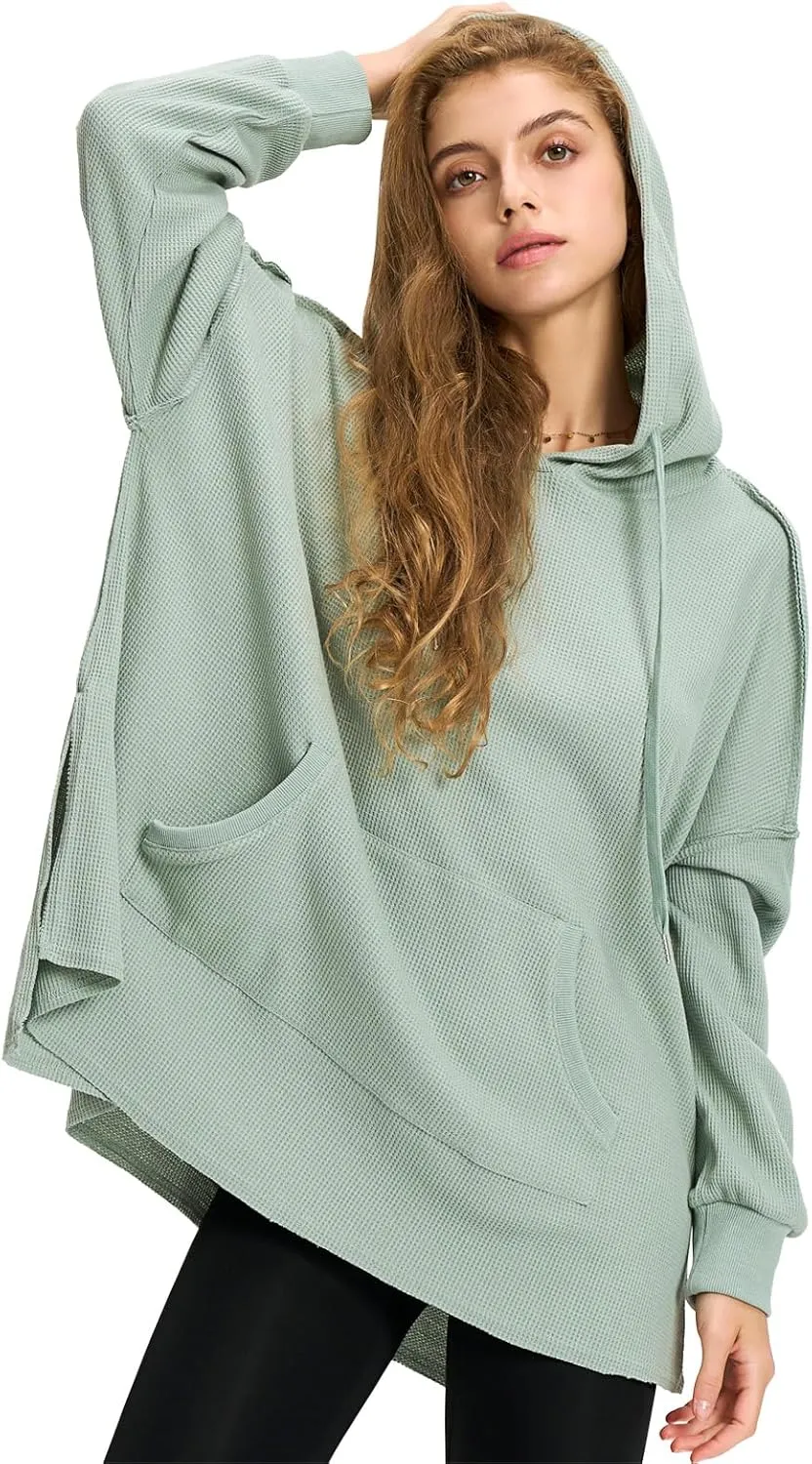 EXLURA Womens Oversized Waffle Hoodies Drawstring Lightweight Plus Size Pullover Sweatshirt with Pocket 2024 Trendy Outfits