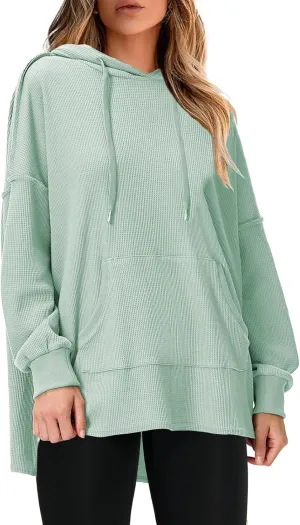 EXLURA Womens Oversized Waffle Hoodies Drawstring Lightweight Plus Size Pullover Sweatshirt with Pocket 2024 Trendy Outfits