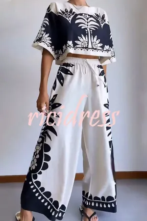 Exotic Holiday Ethnic Print Loose Top and Elastic Waist Wide Leg Pants Set