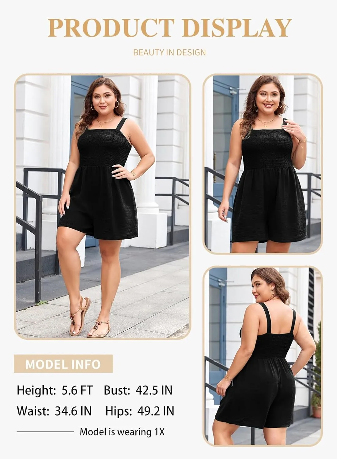 Eytino Plus Size Jumpsuits for Women Loose Summer Smocked Square Neck Sleeveless Short Rompers with Pockets(1X-5X)