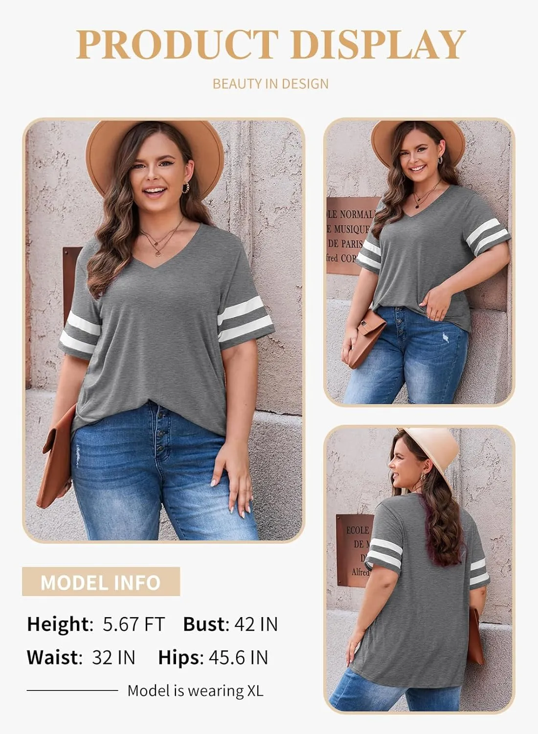 Eytino Women Plus Size Tops V Neck Short Sleeve Striped Causal Loose Blouse Shirts with Pocket(1X-5X)