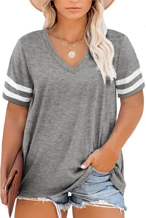 Eytino Women Plus Size Tops V Neck Short Sleeve Striped Causal Loose Blouse Shirts with Pocket(1X-5X)