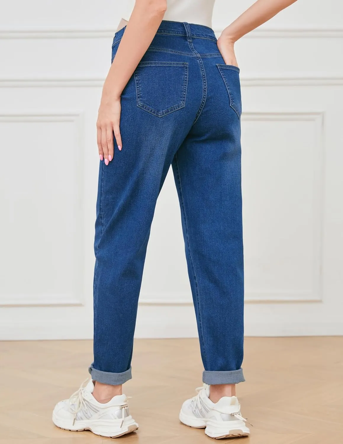 FABRACK Women's Maternity Jeans Mid-Rise Stretchy Boyfriend Jeans Under Belly Pregnancy Denim Pants with Elastic Inset Panel