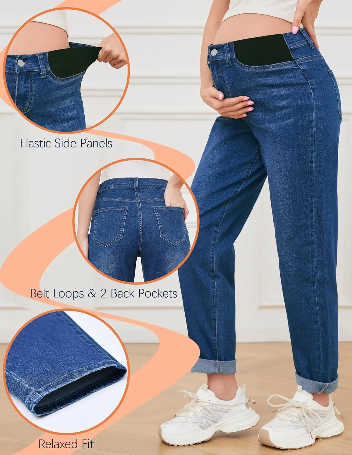 FABRACK Women's Maternity Jeans Mid-Rise Stretchy Boyfriend Jeans Under Belly Pregnancy Denim Pants with Elastic Inset Panel