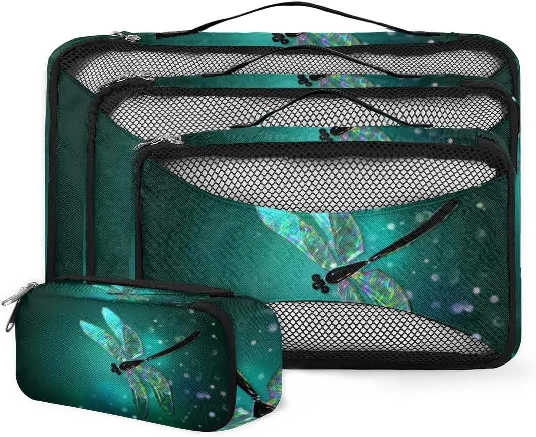 Fantasy Dragonfly Art Painting Packing Cubes 4 Pack Travel Packing Bags Individual Carry on Suitcases Underwear Luggage Mesh Organizer Packing Cubes Set for Travel Bag Backpack