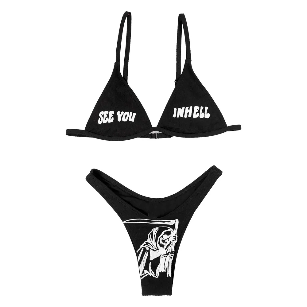 Fashion Women's Bikini Set with Print / Black Two Piece Swimsuits / Adjustable Strap Bra Top