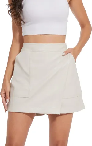 Fashyee Faux Leather Skorts Women - Mini Shorts Wrapped Skirt Pleather Dressy S-XXL