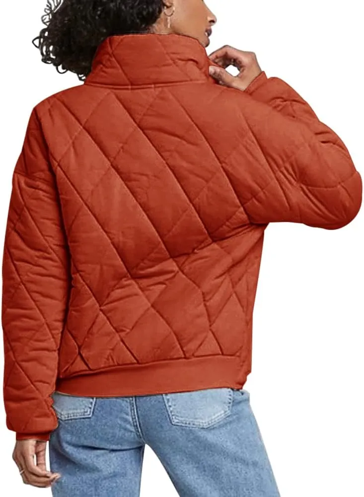 Fazortev Womens Dolman Quilted Jackets Casual Button Down Winter Long Sleeve Stand Neck Lightweight Warm Coat
