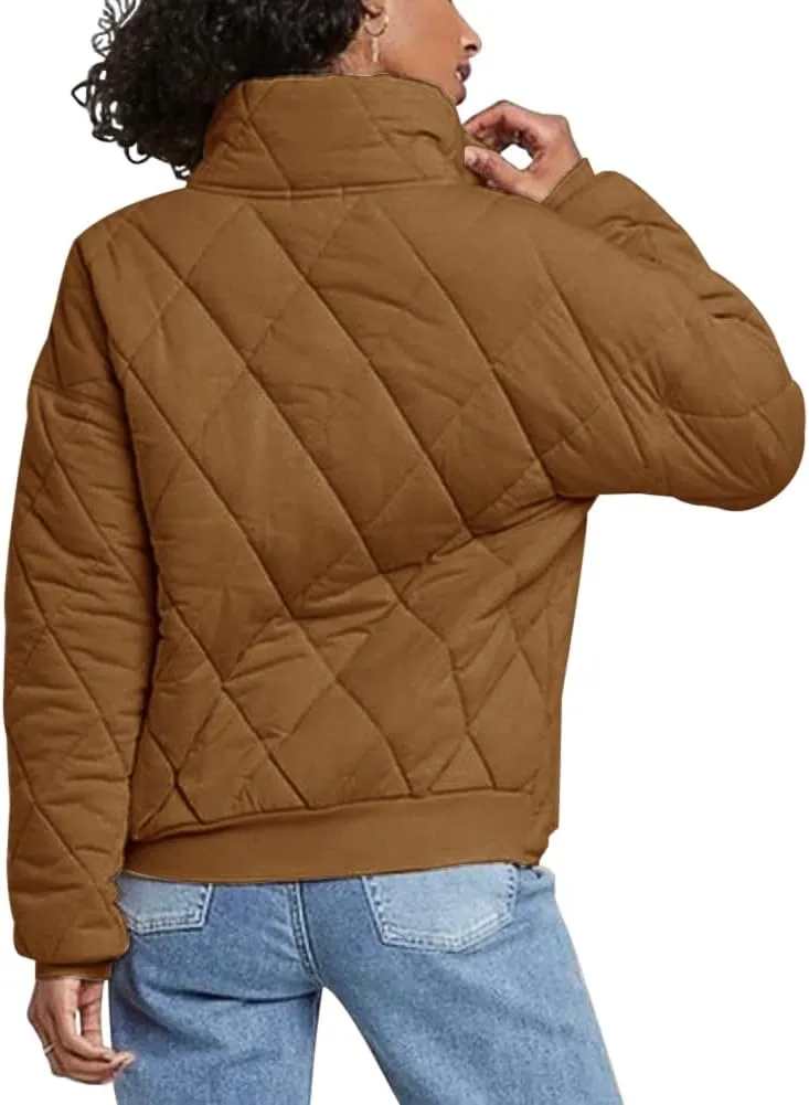 Fazortev Womens Dolman Quilted Jackets Casual Button Down Winter Long Sleeve Stand Neck Lightweight Warm Coat