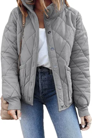 Fazortev Womens Dolman Quilted Jackets Casual Button Down Winter Long Sleeve Stand Neck Lightweight Warm Coat