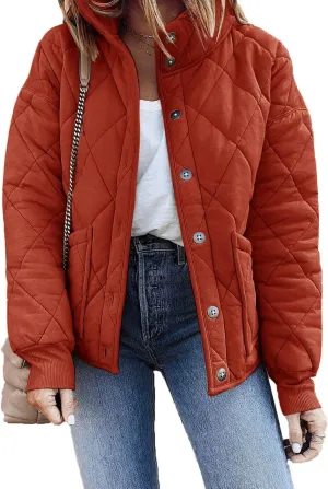 Fazortev Womens Dolman Quilted Jackets Casual Button Down Winter Long Sleeve Stand Neck Lightweight Warm Coat