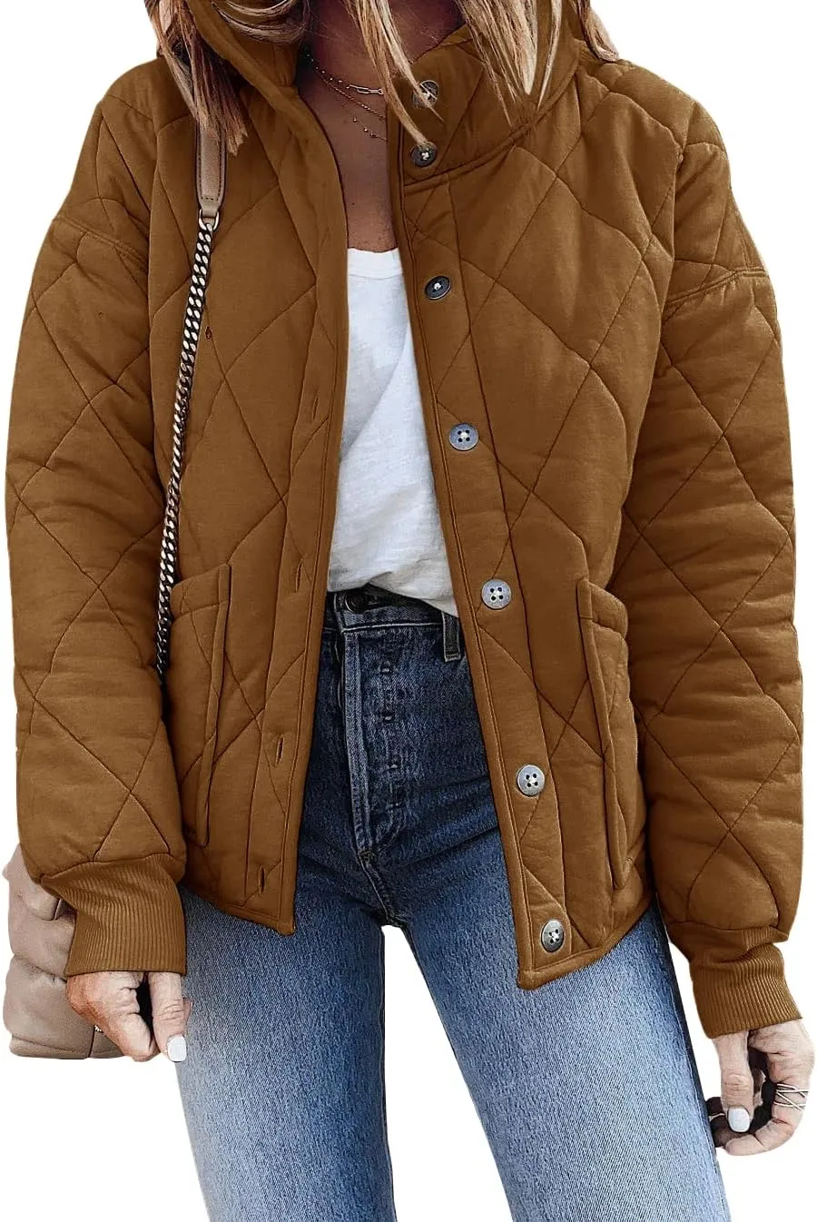 Fazortev Womens Dolman Quilted Jackets Casual Button Down Winter Long Sleeve Stand Neck Lightweight Warm Coat