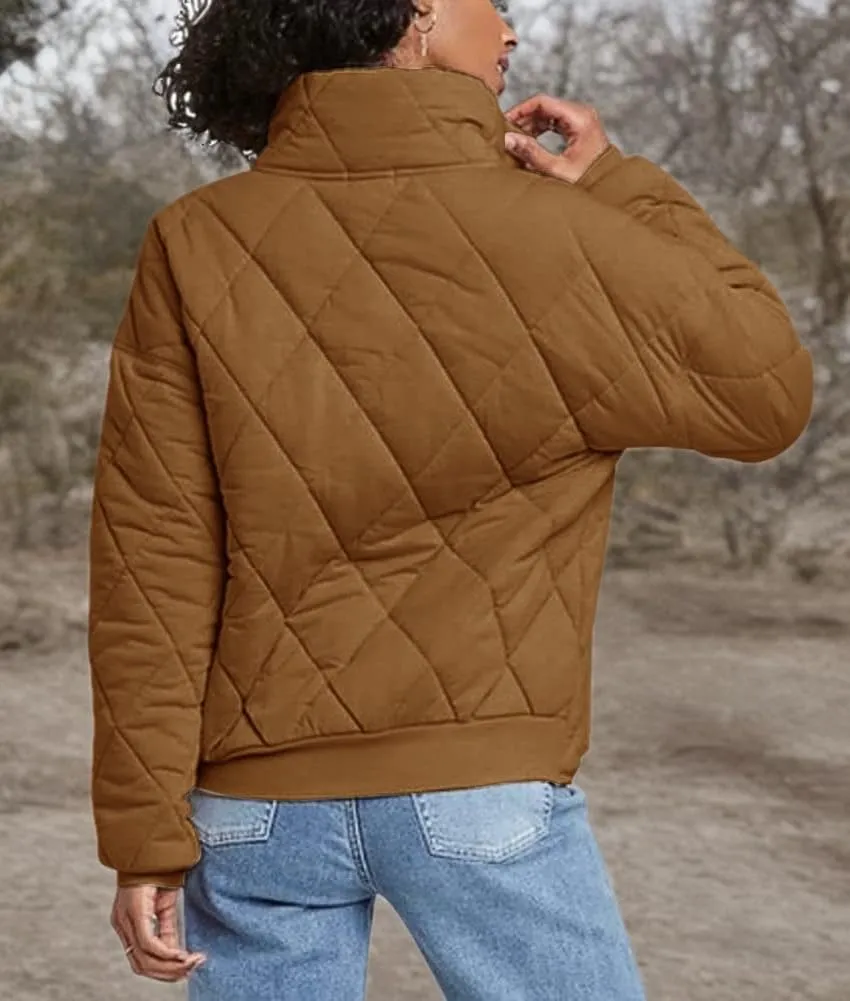 Fazortev Womens Dolman Quilted Jackets Casual Button Down Winter Long Sleeve Stand Neck Lightweight Warm Coat