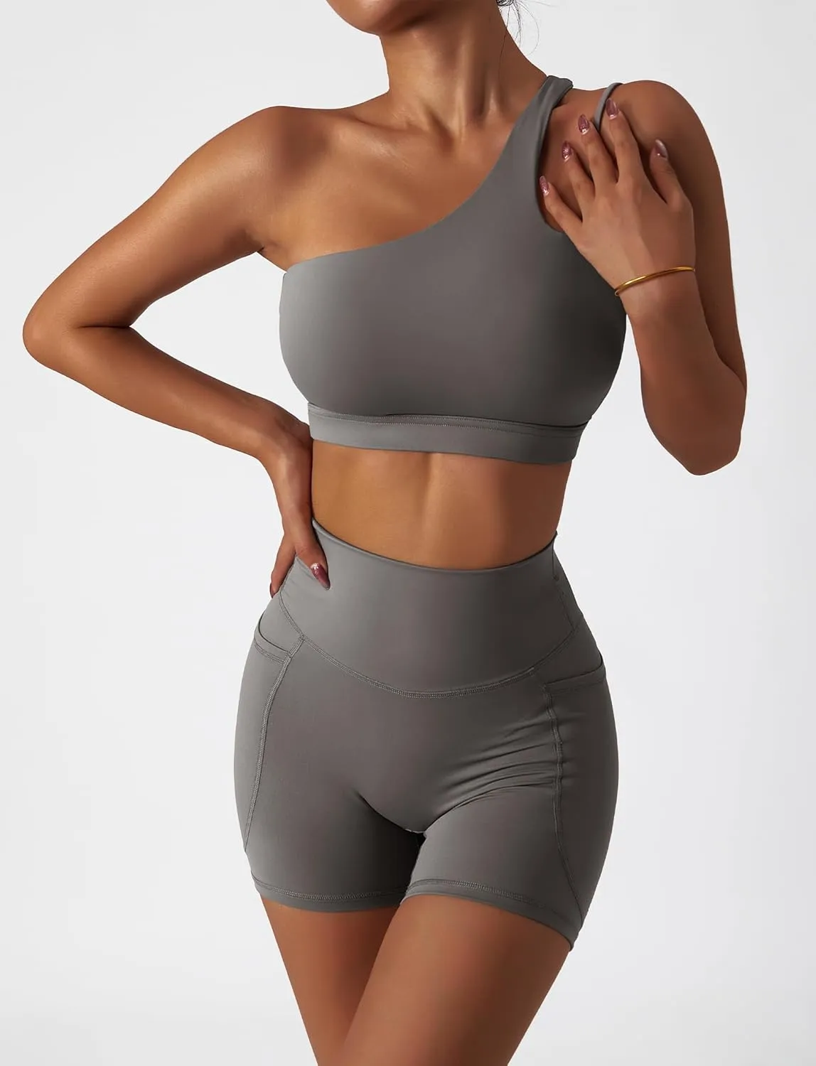 FEOYA One Shoulder Double Strap Sports Bra for Women Asymmetrical Padded Workout Yoga Bra
