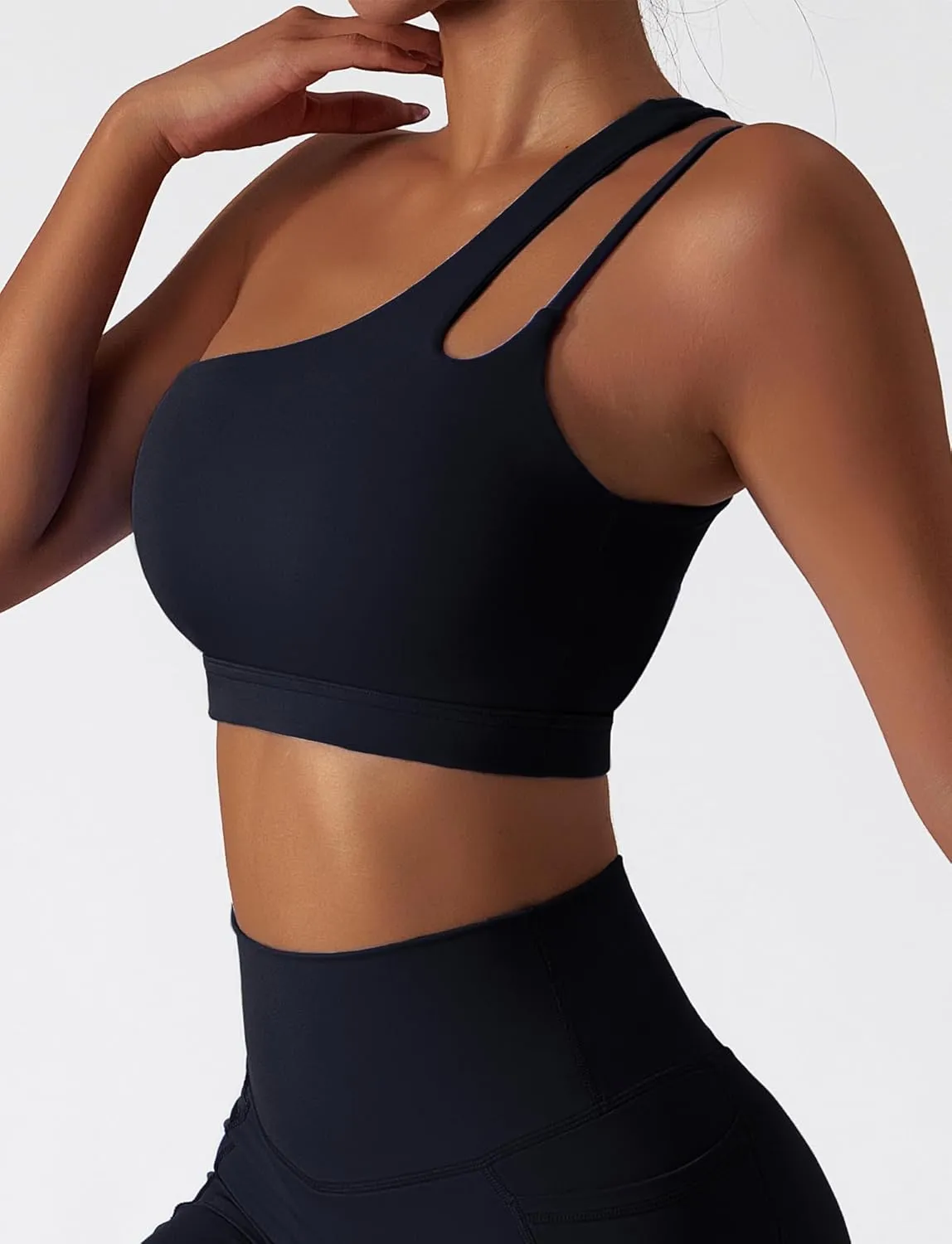 FEOYA One Shoulder Double Strap Sports Bra for Women Asymmetrical Padded Workout Yoga Bra