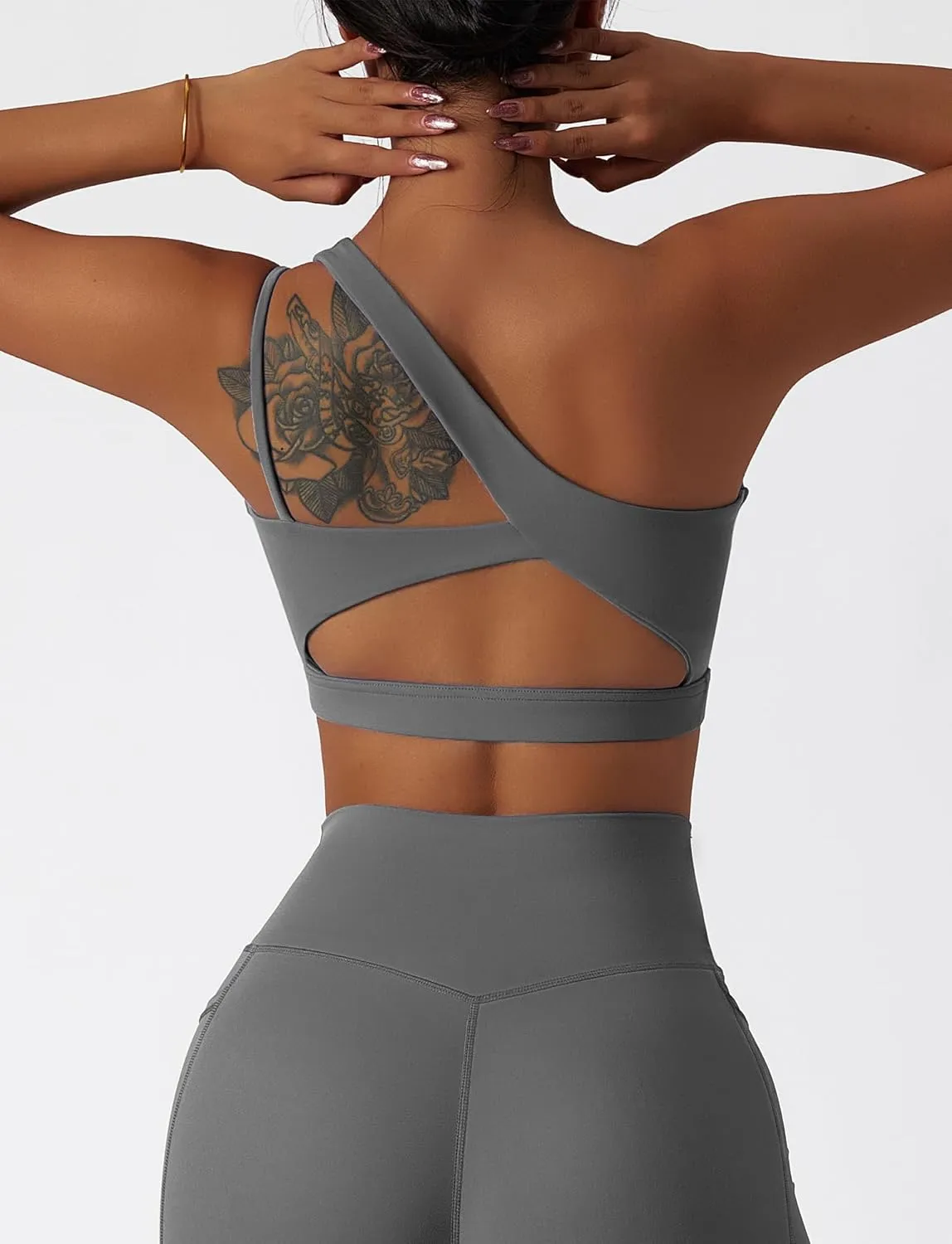 FEOYA One Shoulder Double Strap Sports Bra for Women Asymmetrical Padded Workout Yoga Bra