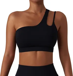 FEOYA One Shoulder Double Strap Sports Bra for Women Asymmetrical Padded Workout Yoga Bra