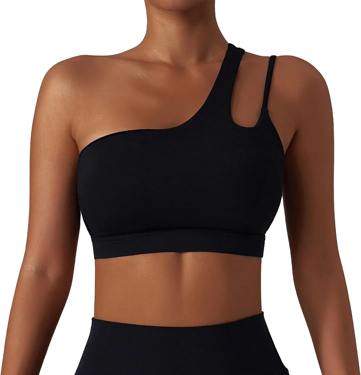 FEOYA One Shoulder Double Strap Sports Bra for Women Asymmetrical Padded Workout Yoga Bra