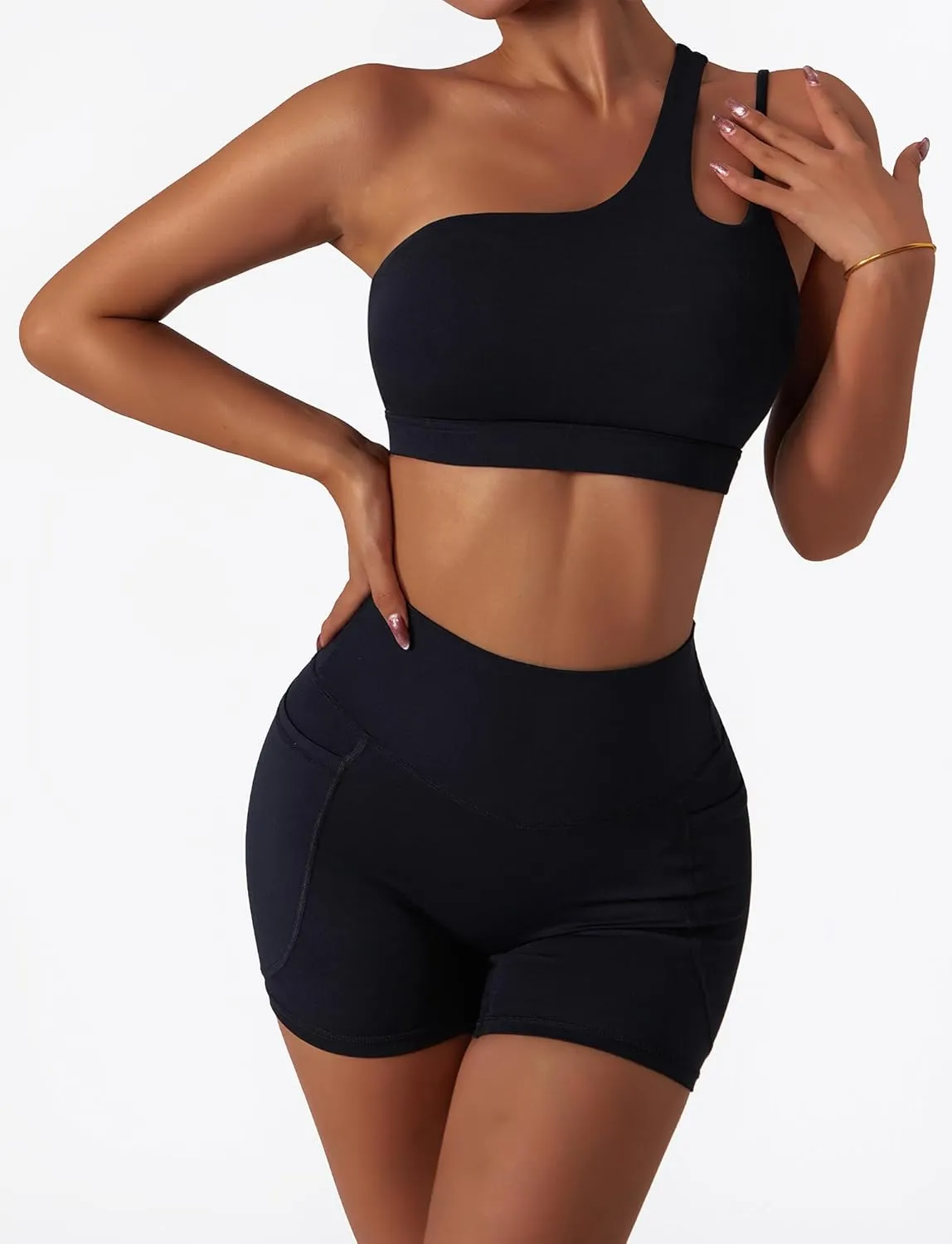 FEOYA One Shoulder Double Strap Sports Bra for Women Asymmetrical Padded Workout Yoga Bra