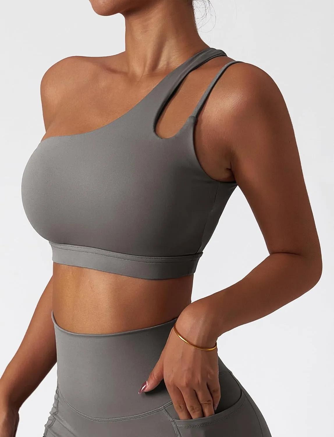 FEOYA One Shoulder Double Strap Sports Bra for Women Asymmetrical Padded Workout Yoga Bra