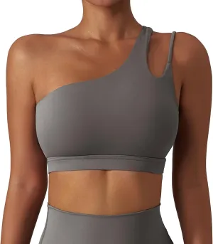 FEOYA One Shoulder Double Strap Sports Bra for Women Asymmetrical Padded Workout Yoga Bra