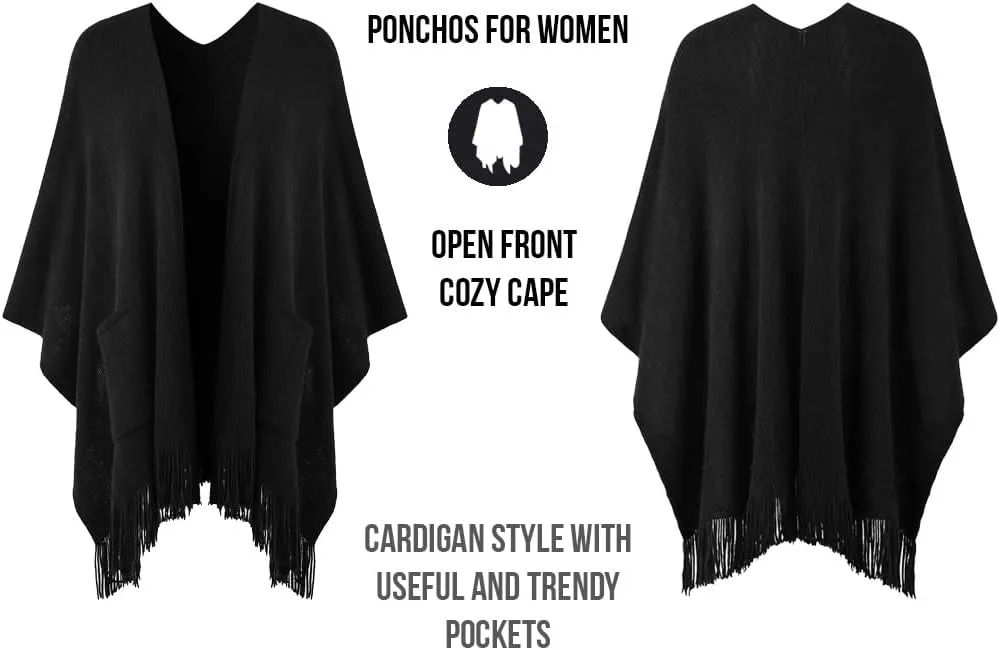 Ferand Women's Shawl Wraps with Pockets Open Front Fringe Poncho Cozy Knit Lightweight Cardigan Sweater