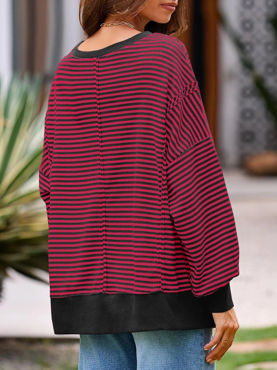 Fisoew Women's Fall Oversized Sweatshirt Casual Waffle Knit Long Sleeve Crewneck Split Pullover Tunic Tops