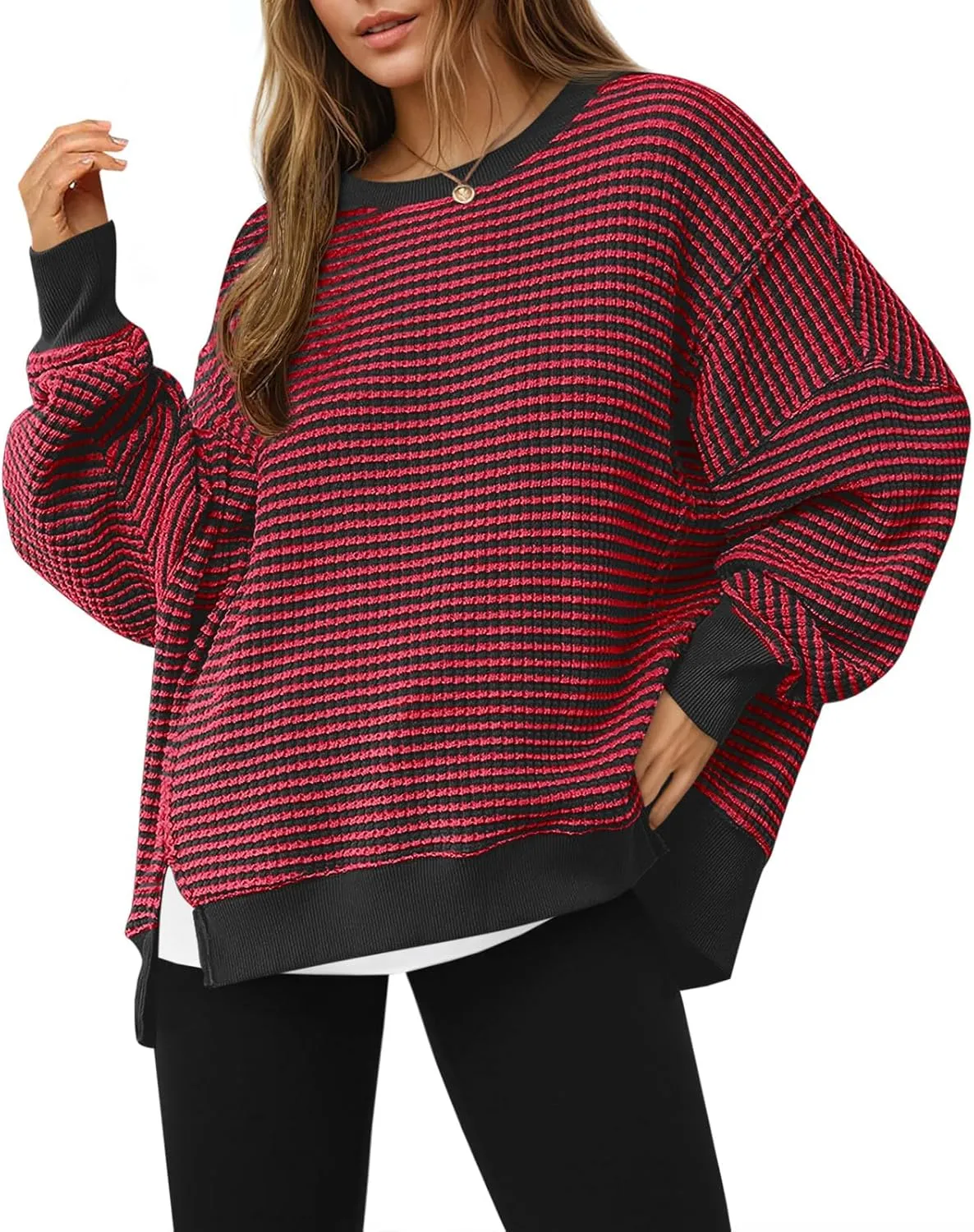 Fisoew Women's Fall Oversized Sweatshirt Casual Waffle Knit Long Sleeve Crewneck Split Pullover Tunic Tops