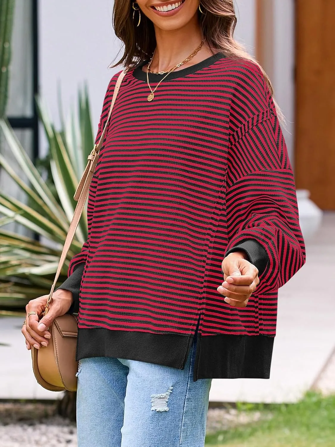 Fisoew Women's Fall Oversized Sweatshirt Casual Waffle Knit Long Sleeve Crewneck Split Pullover Tunic Tops