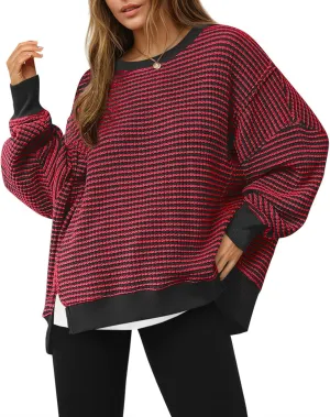 Fisoew Women's Fall Oversized Sweatshirt Casual Waffle Knit Long Sleeve Crewneck Split Pullover Tunic Tops