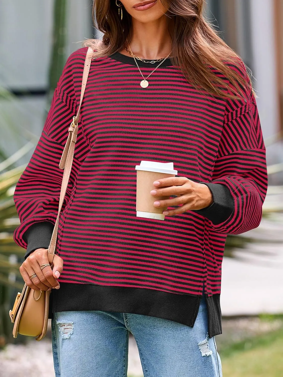 Fisoew Women's Fall Oversized Sweatshirt Casual Waffle Knit Long Sleeve Crewneck Split Pullover Tunic Tops