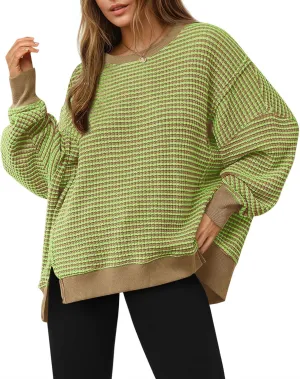 Fisoew Women's Oversized Sweatshirt Waffle Knit Striped Long Sleeve Crewneck Casual Loose Pullover Tunic Tops Brown