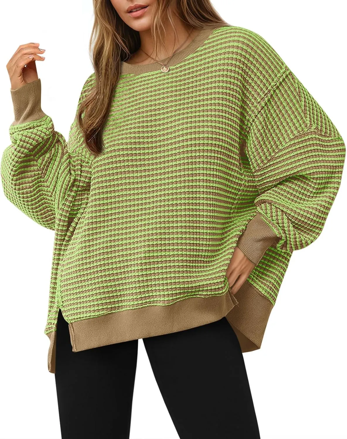 Fisoew Women's Oversized Sweatshirt Waffle Knit Striped Long Sleeve Crewneck Casual Loose Pullover Tunic Tops Brown