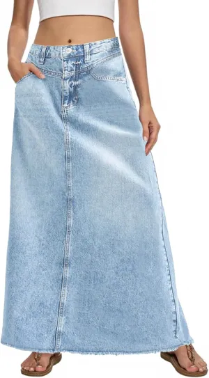 Fisoew Women's Vintage Denim Maxi Skirt Casual High Waist A-Line Frayed Hem Long Jean Skirt with Pockets