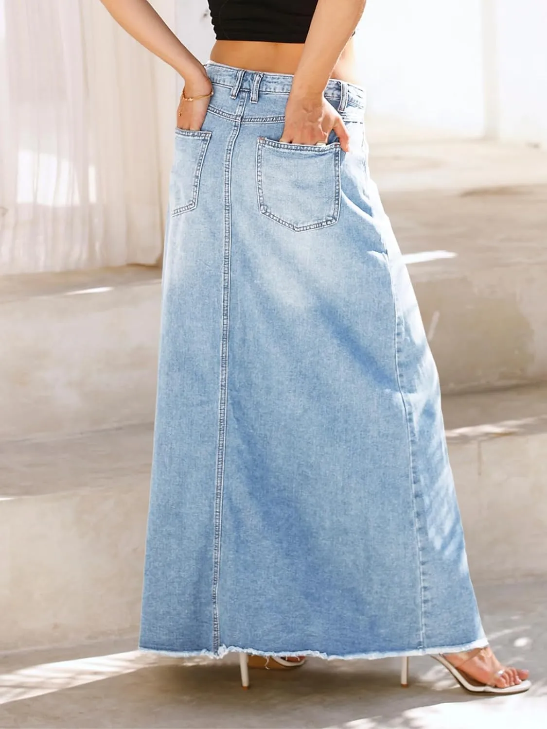 Fisoew Women's Vintage Denim Maxi Skirt Casual High Waist A-Line Frayed Hem Long Jean Skirt with Pockets