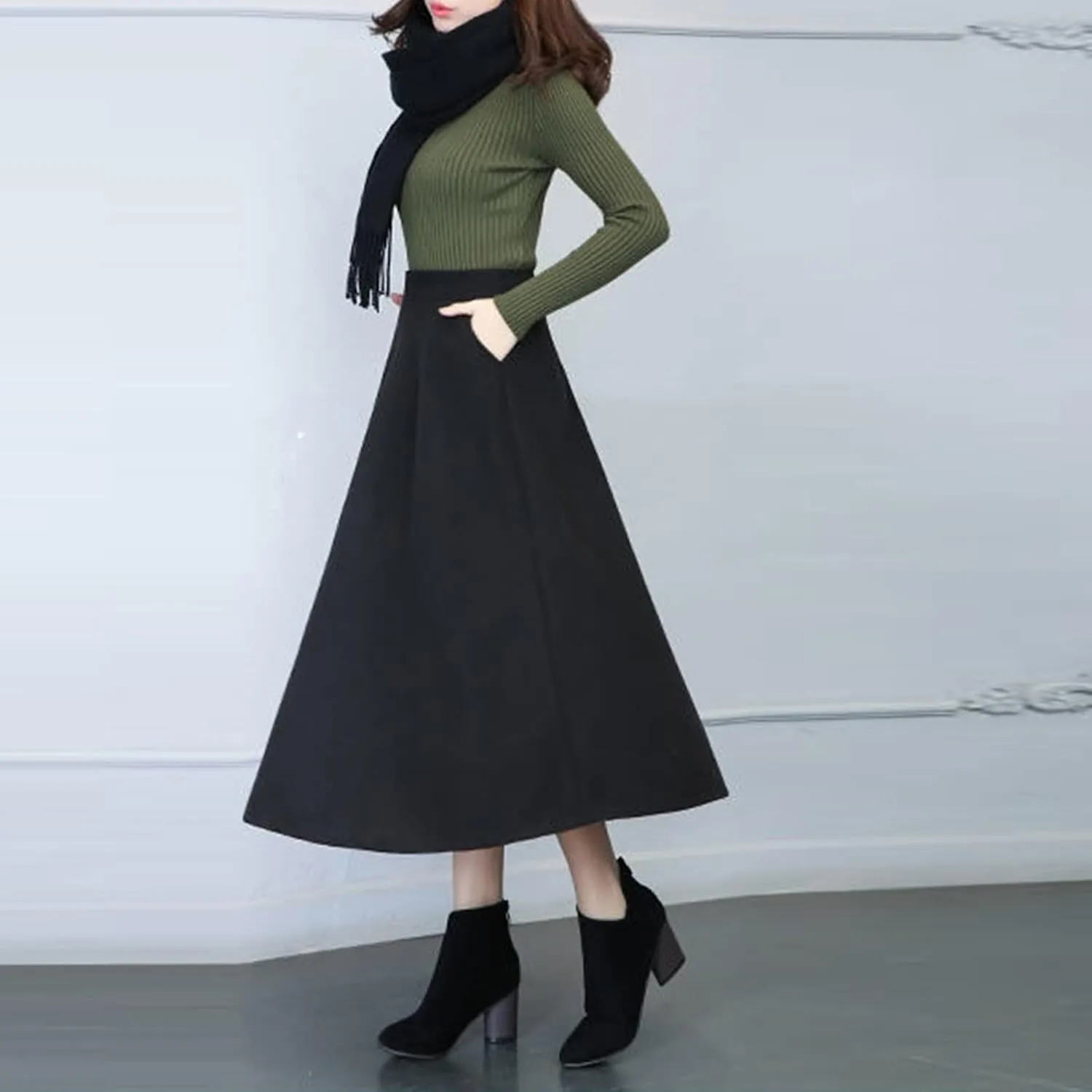 Flare Skirt Womens Winter Vintage High Elastic Waist A Line Pleated Wool Midi Skirt Lady Skirt Table Skirts