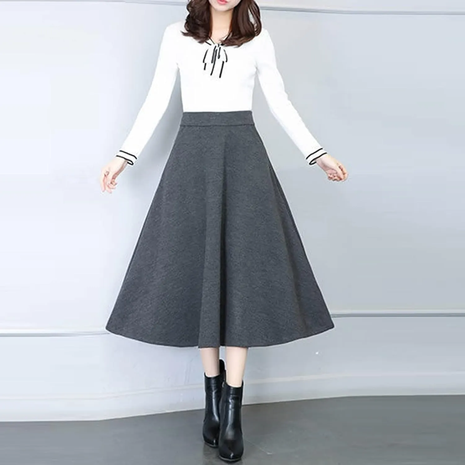 Flare Skirt Womens Winter Vintage High Elastic Waist A Line Pleated Wool Midi Skirt Lady Skirt Table Skirts