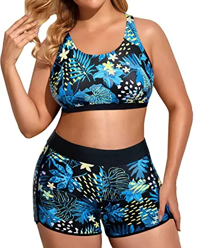 Flattering Athletic Swimwear Women's Plus Size Tankini Swimsuits with Boy Shorts