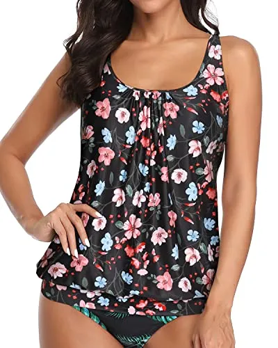 Flattering Black Scoop Neck Swim Top For Women-Black Floral