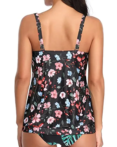 Flattering Black Scoop Neck Swim Top For Women-Black Floral