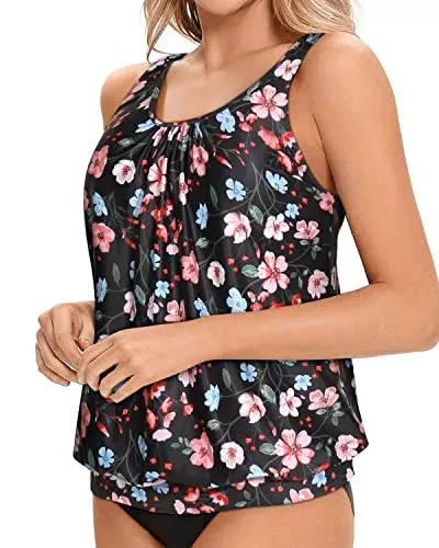 Flattering Black Scoop Neck Swim Top For Women-Black Floral