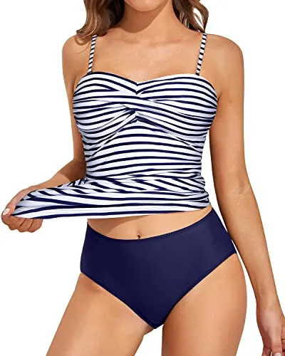Flattering Tummy Control Bandeau Tankini Bathing Suits-Blue White Stripe
