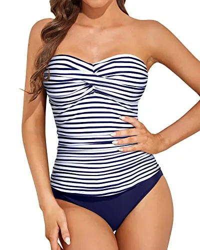 Flattering Tummy Control Bandeau Tankini Bathing Suits-Blue White Stripe