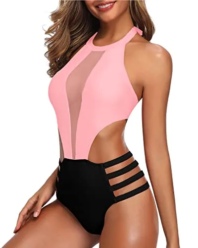 Flattering Waist Cutout Halter One Piece Swimsuit For Women-Pink And Black
