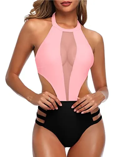Flattering Waist Cutout Halter One Piece Swimsuit For Women-Pink And Black